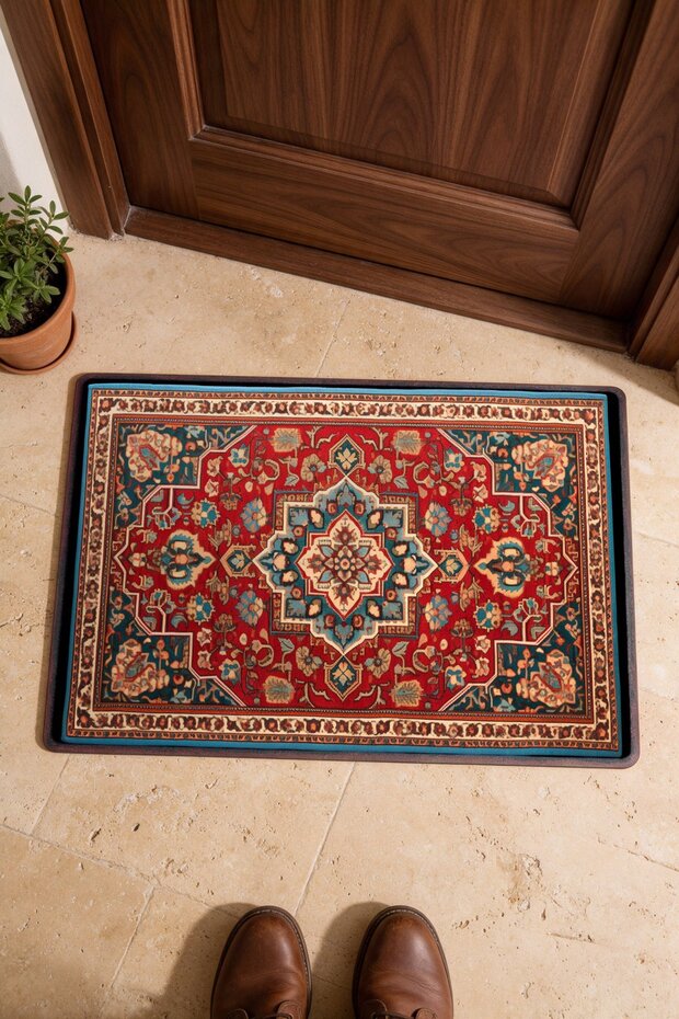 Red and Blue Flower Garden Turkish Rug with Floral Print 737 Doormat, 40x60 cm, with Non-Slip Sole