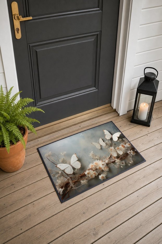 White Butterfly Garden Pattern 479 Doormat, 40x60 cm, Non-Slip Sole, Decorative