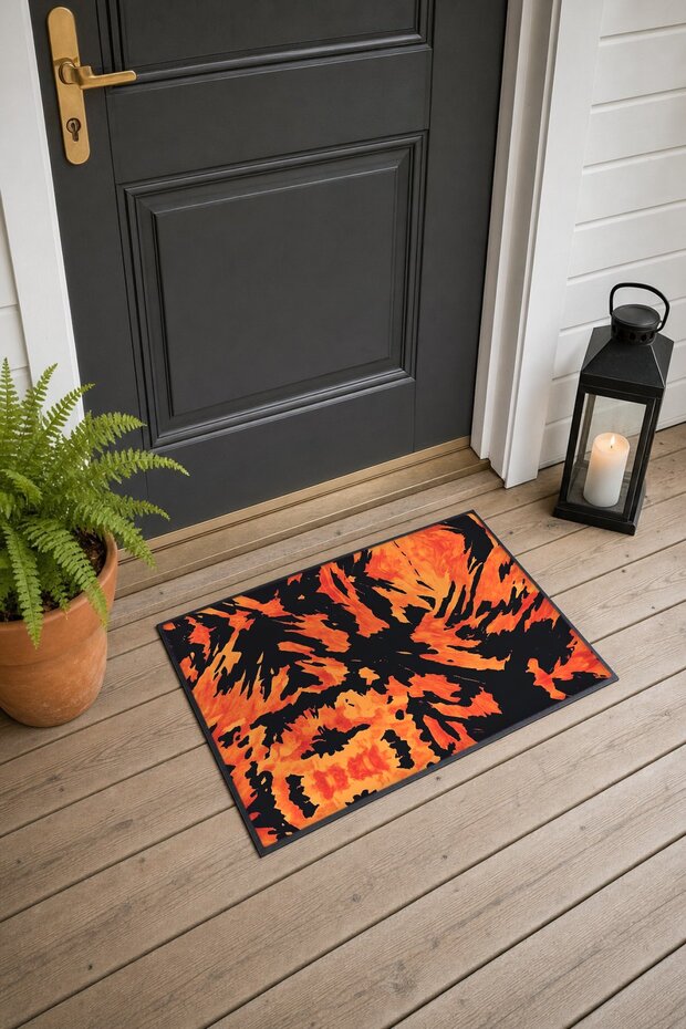 Orange and Black Shag Batik Print Doormat, 40x60 cm, with Non-Slip Sole, Decorative