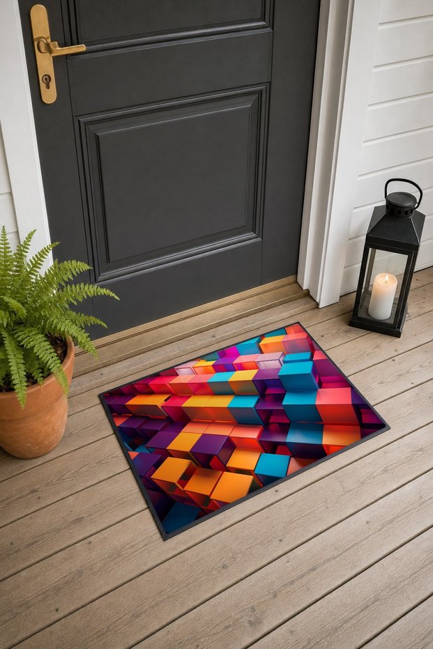 Colorful Geometric Patterned 983 Doormat, 40x60 cm, Non-Slip Sole, Decorative