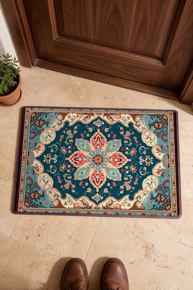 Blue and Red Flower Motif Turkish Rug-Patterned 277 Doormat, 40x60 cm, with Non-Slip Sole