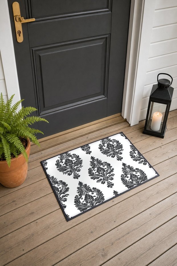 White and Black Classic Damask-Patterned Doormat, 40x60 cm, with Non-Slip Sole, Decorative