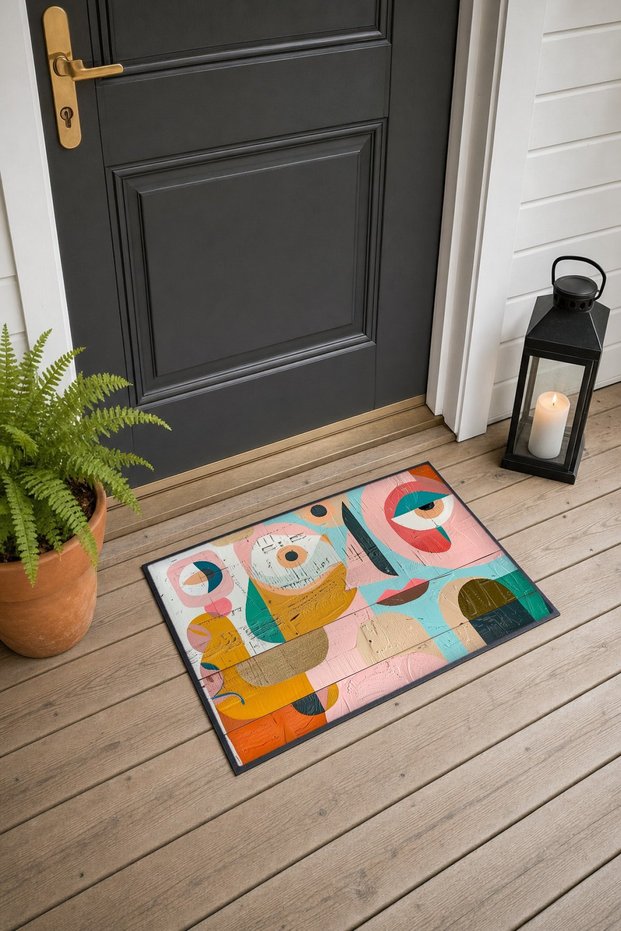 Pastel Cubist Face Composition Patterned Doormat, 40x60 cm, with Non-Slip Sole, Decorative
