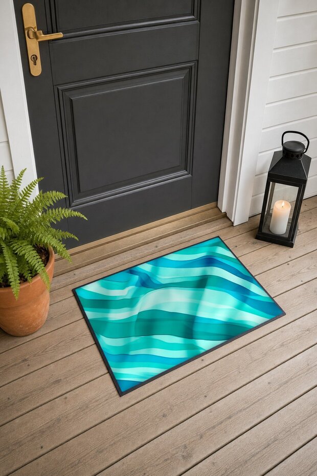 Turquoise-Green Satin Wave-Patterned Doormat, 40x60 cm, with Non-Slip Sole, Decorative