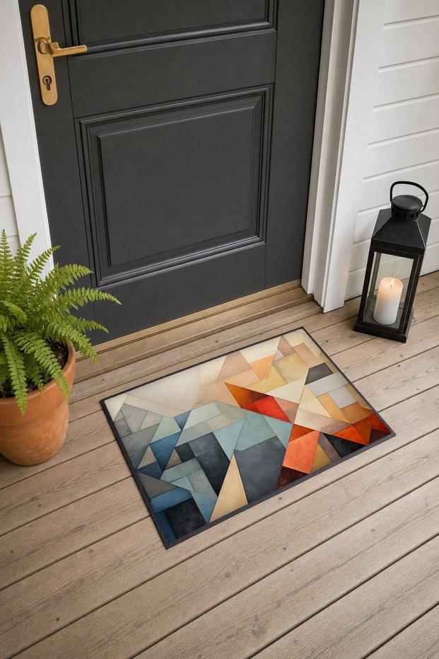 Blue and Red Geometric Patterned Doormat, 40x60 cm, with Non-Slip Sole, Decorative
