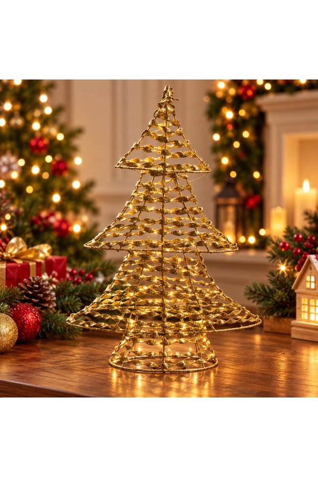 Gold-Glitter Decorative New Year's Christmas Tree Figurine, 3-Tier Metal Mesh Design Christmas Ornament, Home Table and Display Case Decoration, 30 cm