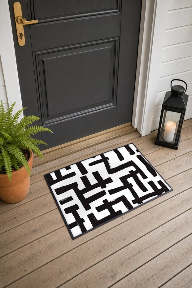 Black and White Labyrinth Striped Pattern 234 Doormat, 40x60 cm, Non-Slip Sole, Decorative
