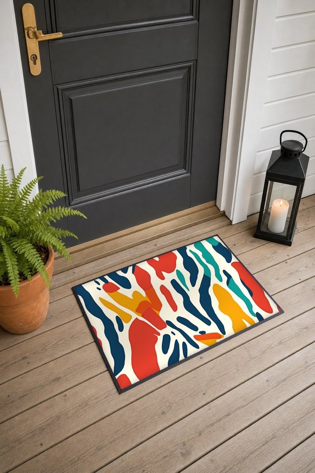 Red and Navy Blue Retro Patterned Doormat, 40x60 cm, with Non-Slip Sole, Decorative