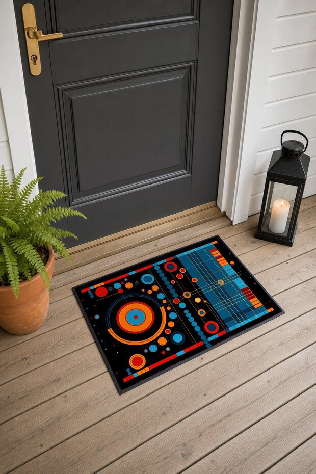 Red and Blue Geometric Patterned 292 Doormat, 40x60 cm, Non-Slip Sole, Decorative