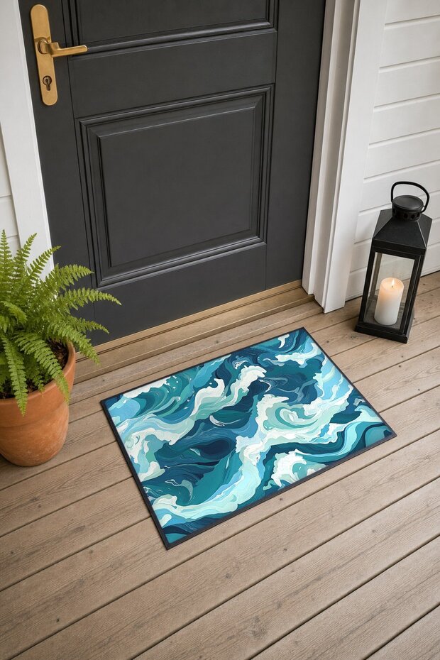 Petrol Blue Foamy Wave-Patterned Doormat, 40x60 cm, with Non-Slip Sole, Decorative