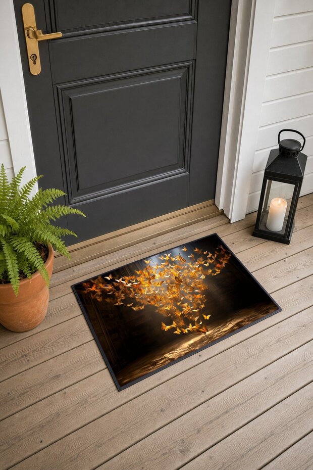 549 "Golden Butterfly Dance" Patterned Doormat, 40x60 cm, with Non-Slip Sole, Decorative