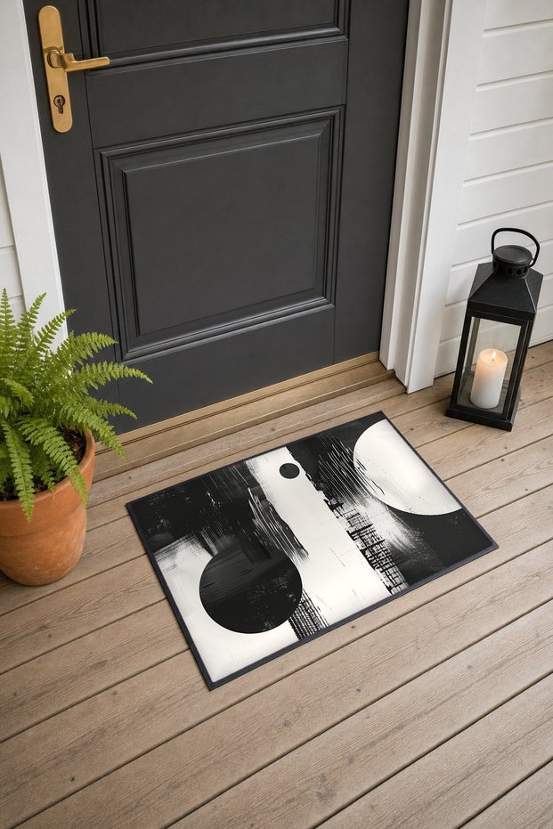 Black and White Abstract Patterned 841 Doormat, 40x60 cm, Non-Slip Sole, Decorative