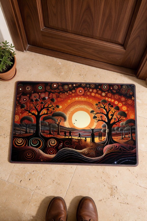 Orange Circular Landscape-Patterned Doormat, 40x60 cm, with Non-Slip Sole, Decorative