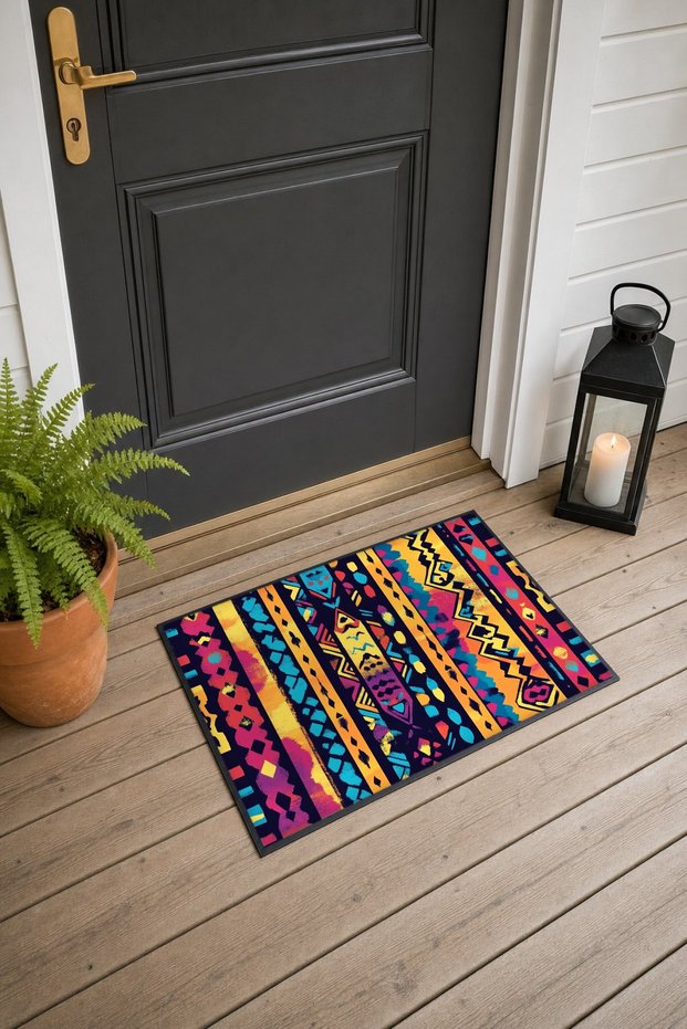 Navy Blue Neon Ethnic Patterned Doormat, 40x60 cm, with Non-Slip Sole, Decorative