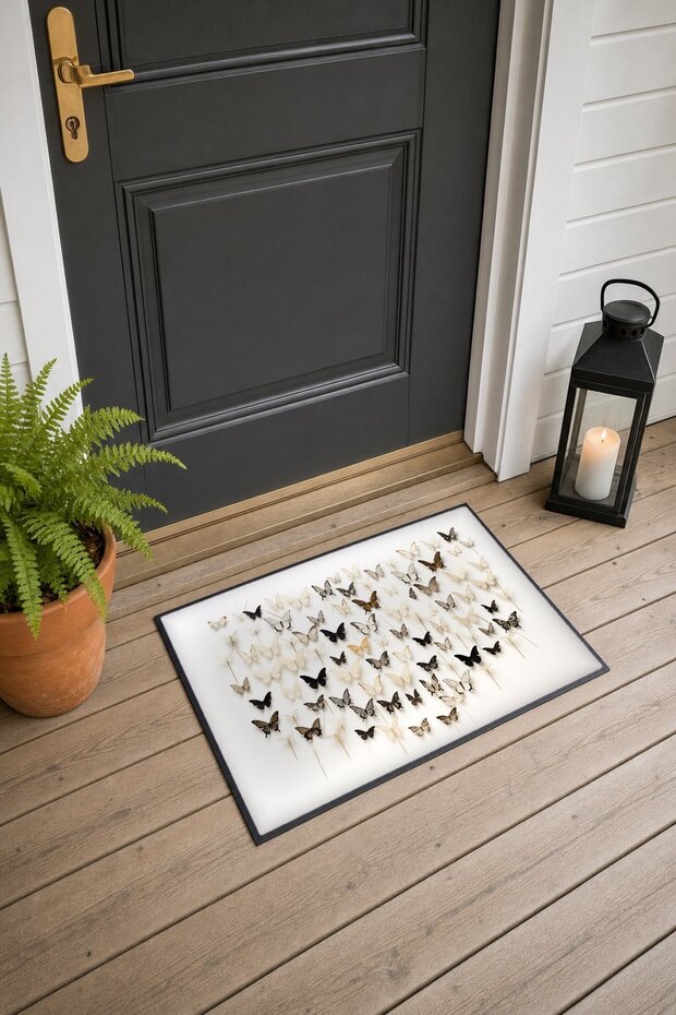Black and White Butterfly-Patterned 264 Doormat, 40x60 cm, with Non-Slip Sole, Decorative