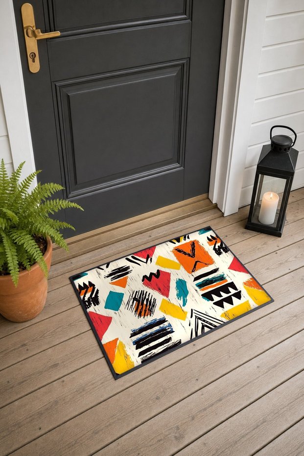 Cream-Red Boho Geometric Patterned Doormat, 40x60 cm, with Non-Slip Sole, Decorative