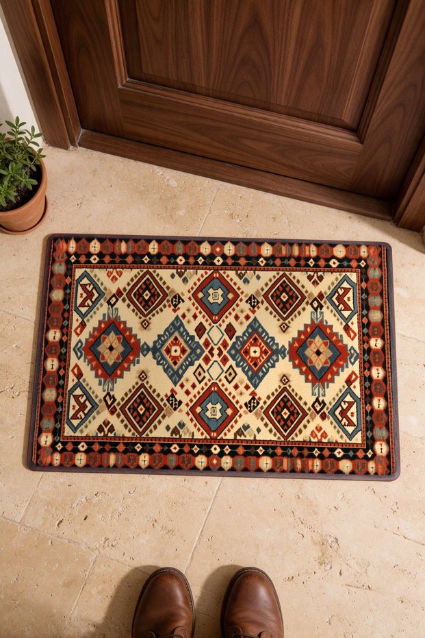 Cream Burgundy Diamond Kilim Rug-Patterned Doormat, 40x60 cm, with Non-Slip Sole