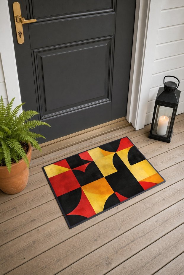 Red and Yellow Bauhaus Geometric Patterned Doormat, 40x60 cm, with Non-Slip Sole, Decorative