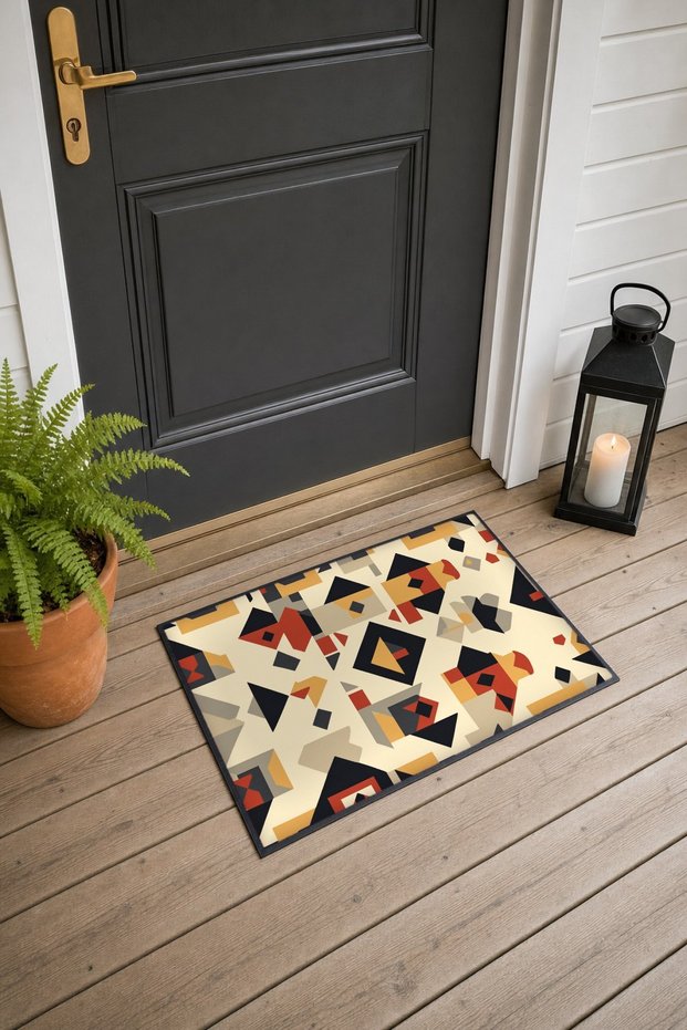 Cream Mustard African Geometric Patterned Door Mat, 40x60 cm, Non-Slip Sole, Decorative