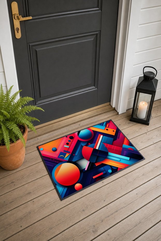 Red and Blue Abstract Patterned 926 Doormat, 40x60 cm, Non-Slip Sole, Decorative