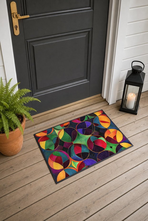 Colorful Circle Kaleidoscope Geometric Patterned Doormat, 40x60 cm, Non-Slip Sole, Decorative