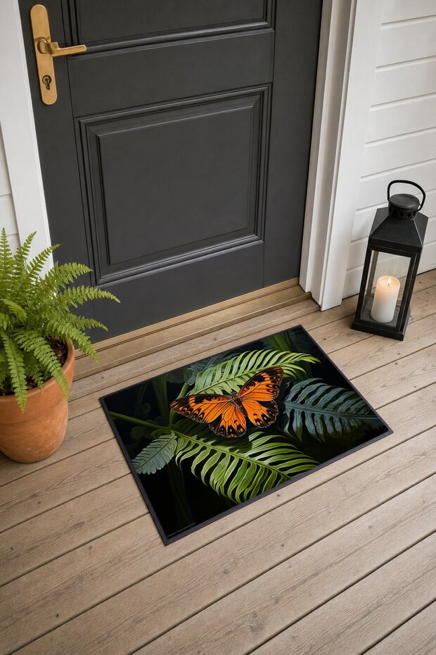 705 Orange Butterfly Garden Patterned Doormat, 40x60 cm, with Non-Slip Sole, Decorative
