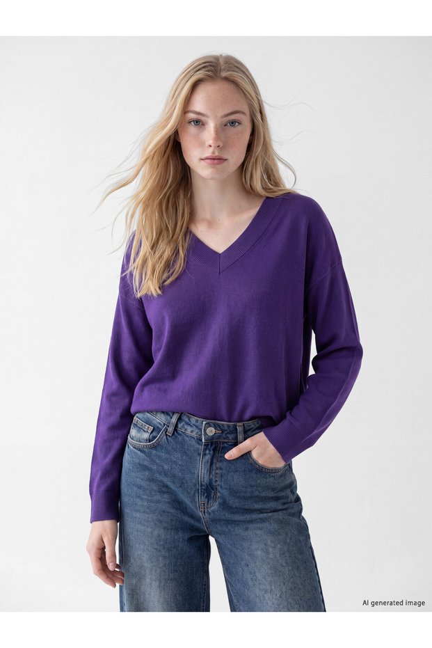 TWO MT SHOP QUALITY XSIDE Purple Knit Plain V-Neck Women's Sweater