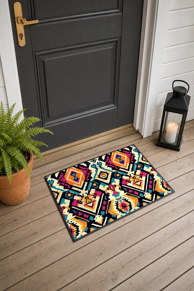 Black and Orange Aztec Diamond Patterned Doormat, 40x60 cm, with Non-Slip Sole, Decorative