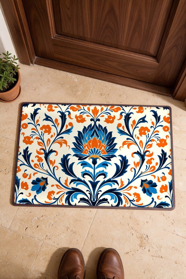 Navy Blue and Orange Damask Floral Print Turkish Rug-Patterned Doormat, 40x60 cm, with Non-Slip Sole