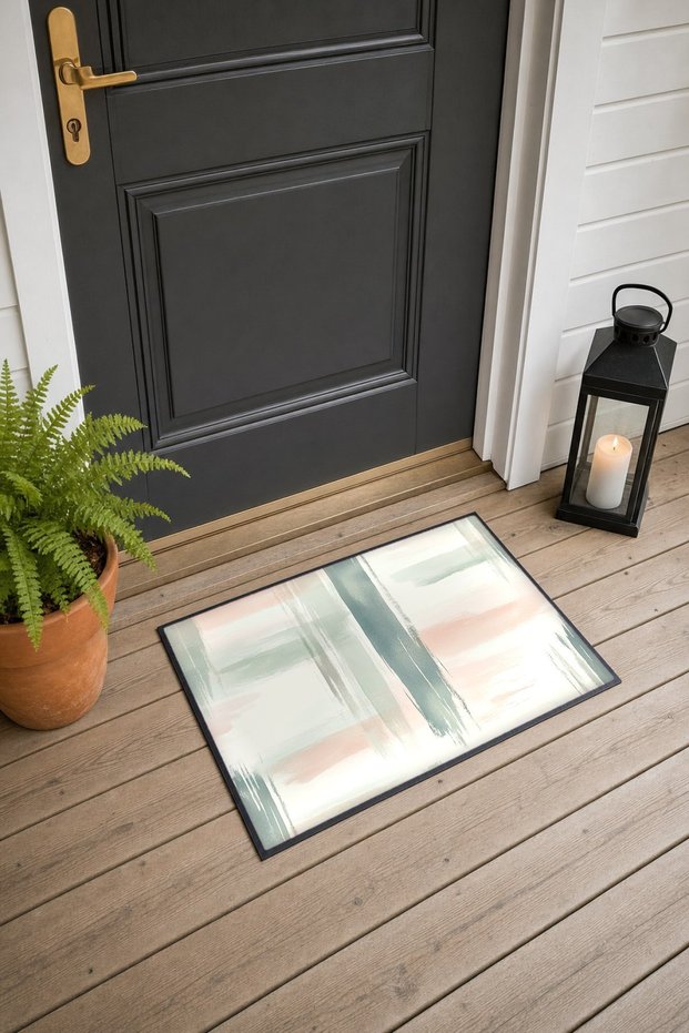 Mint Pink Watercolor Brush-Patterned Doormat, 40x60 cm, with Non-Slip Sole, Decorative