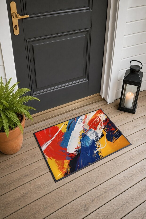 Red, Navy Blue, and Yellow Brushstroke-Patterned Doormat, 40x60 cm, with Non-Slip Sole, Decorative
