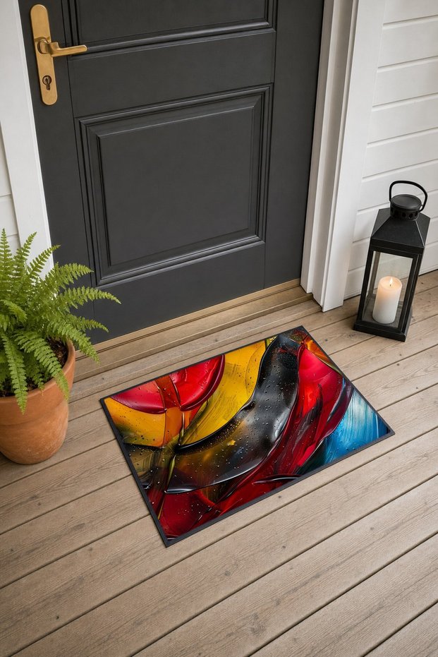 Red and Yellow Abstract Patterned Doormat, 40x60 cm, with Non-Slip Sole, Decorative