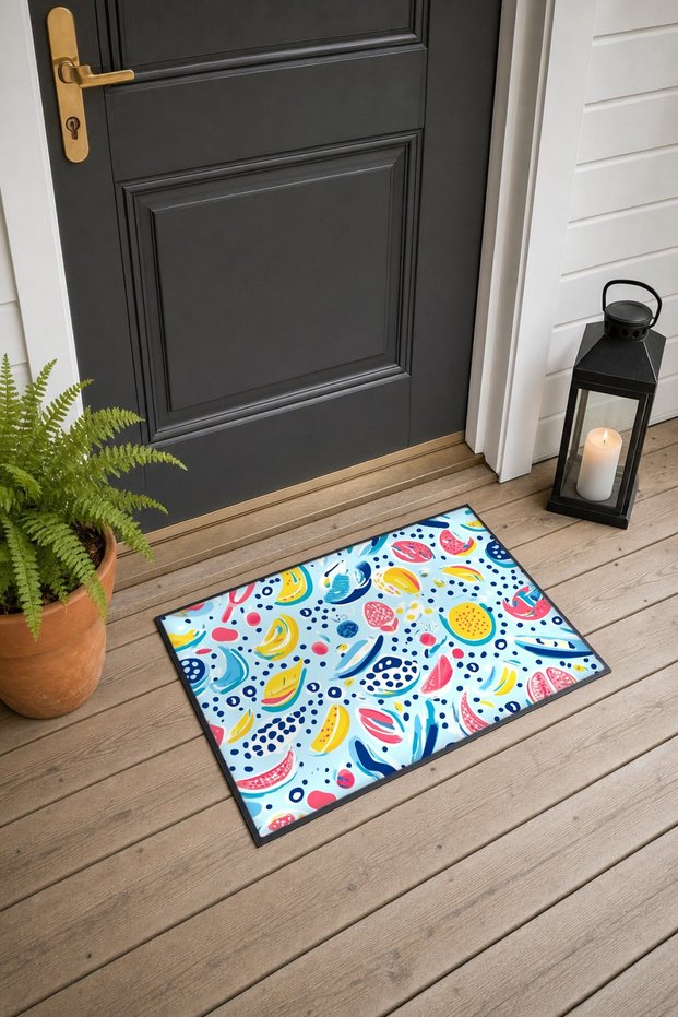 Light Blue Fruit Doodle-Patterned Doormat, 40x60 cm, with Non-Slip Sole, Decorative