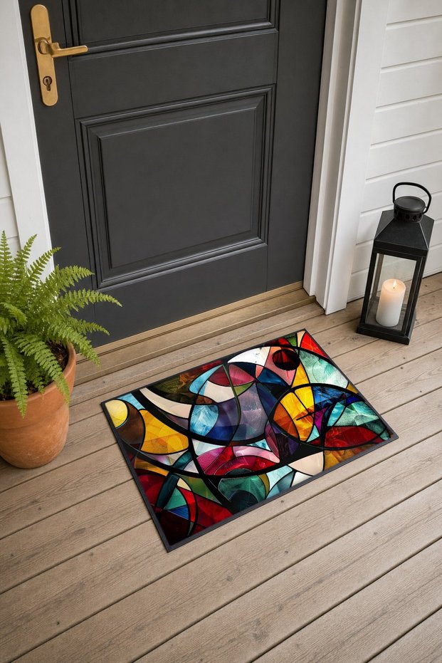 Colorful Abstract Patterned 856 Doormat, 40x60 cm, Non-Slip Sole, Decorative