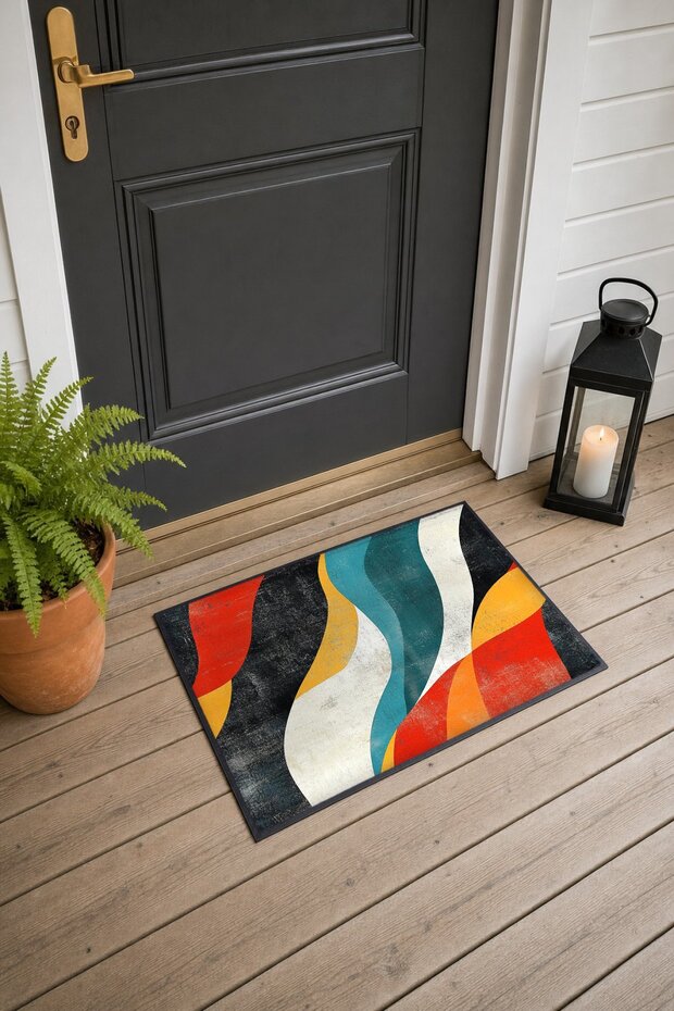 Black, Red, and Turquoise Retro Patterned Doormat, 40x60 cm, with Non-Slip Sole, Decorative