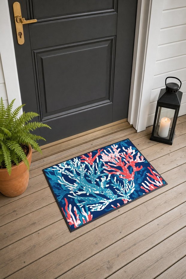 Navy, Coral Red, Reef-Patterned Doormat, 40x60 cm, Non-Slip Sole, Decorative