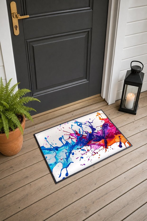Blue and Fuchsia Paint Splatter Pattern Doormat, 40x60 cm, Non-Slip Sole, Decorative