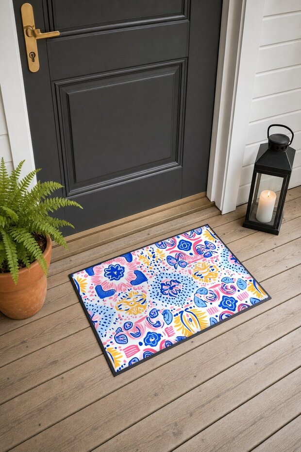 Blue and Pink Folk Floral Print Doormat, 40x60 cm, with Non-Slip Sole, Decorative