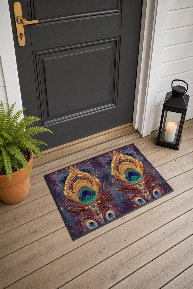 Purple Copper Peacock Feather-Patterned Doormat, 40x60 cm, with Non-Slip Sole, Decorative