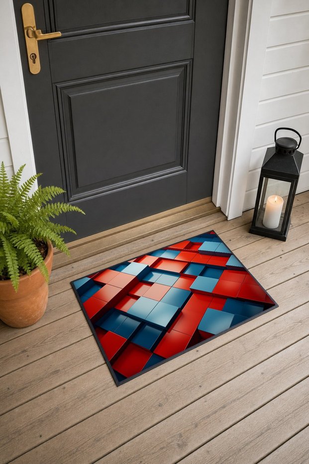 Red and Blue Geometric Patterned 935 Doormat, 40x60 cm, Non-Slip Sole, Decorative