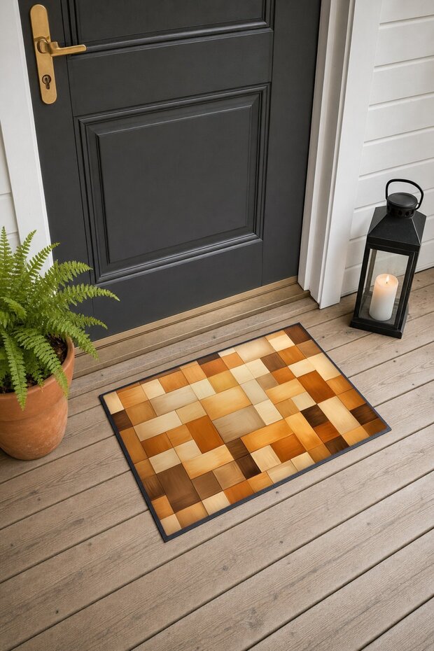 Brown and Beige Geometric Patterned 994 Doormat, 40x60 cm, Non-Slip Sole, Decorative