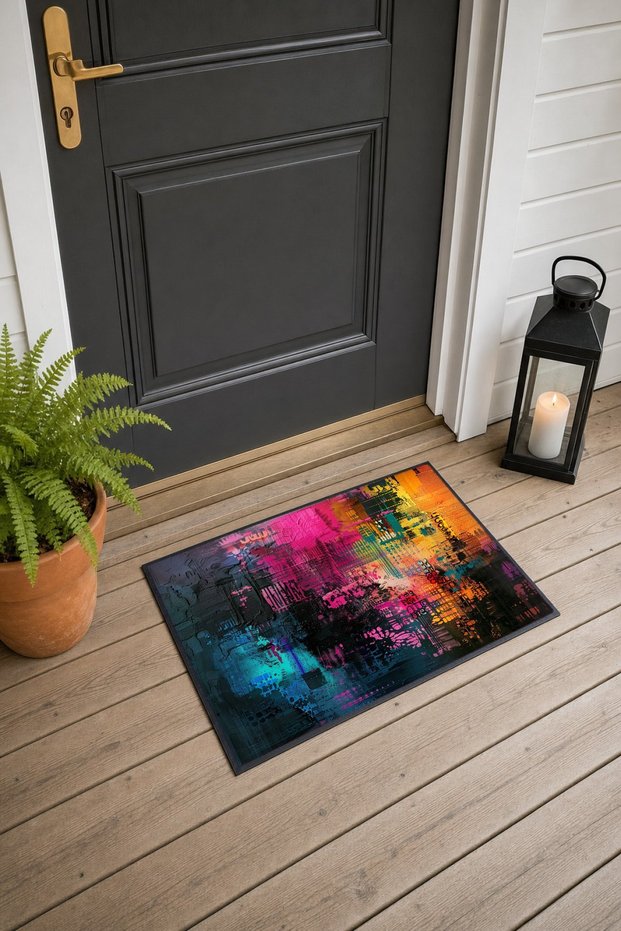 Fuchsia and Black Glitch Texture Patterned Doormat, 40x60 cm, with Non-Slip Sole, Decorative