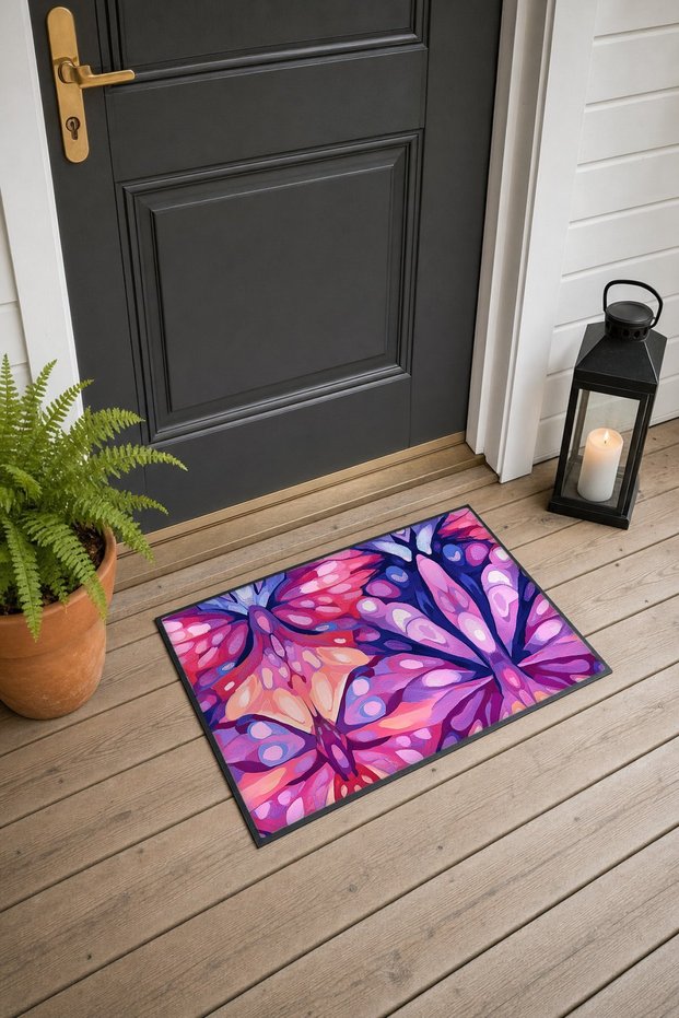 Pink and Purple Butterfly Kaleidoscope-Patterned Doormat, 40x60 cm, with Non-Slip Sole, Decorative