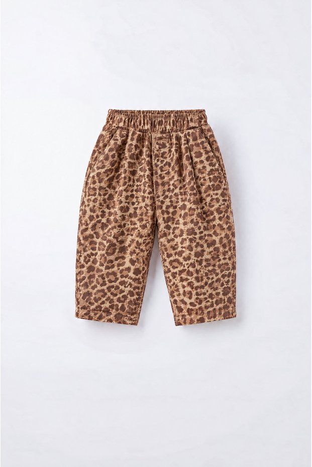Girls' Brown Loose Fit Pants with Leopard Print
