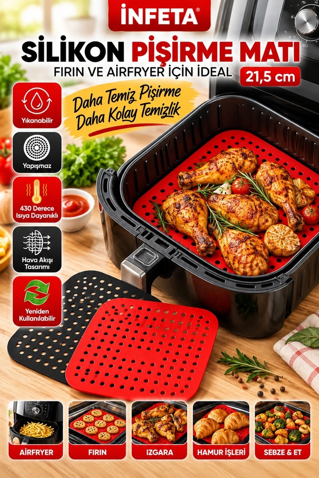 21.5 cm Square Perforated Silicone Air Fryer Baking Mat—Heat-Resistant, Washable, Non-Stick