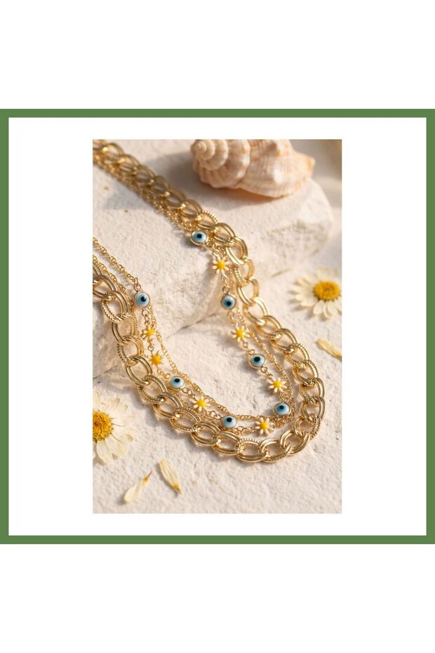 Gold-Colored Milky Way Chain Necklace with Daisy and Evil Eye Design for Women HB006