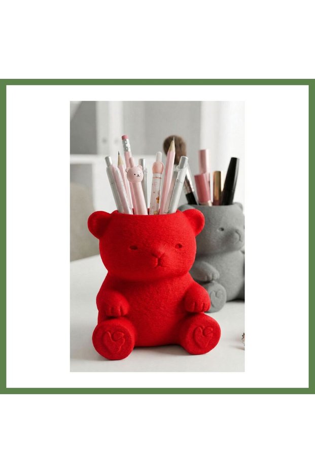 3D-Printed Cute Teddy Bear Pencil Holder - Desktop Organizer - Red HB006