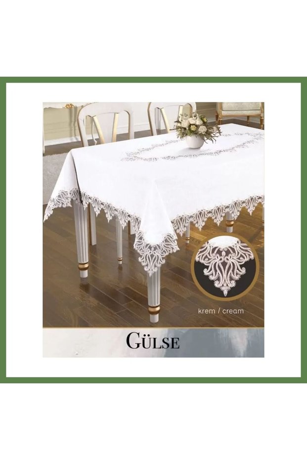 Linen Single Tablecloth 155x220 cm Lace-Trimmed Dining Tablecloth Gülse Mode HB006