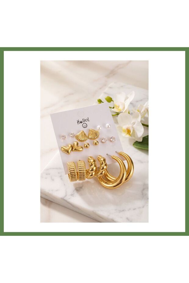 Gold-Colored Metallic-Plated Seashell-Detailed CCB 9-Pair Earring Set HB006