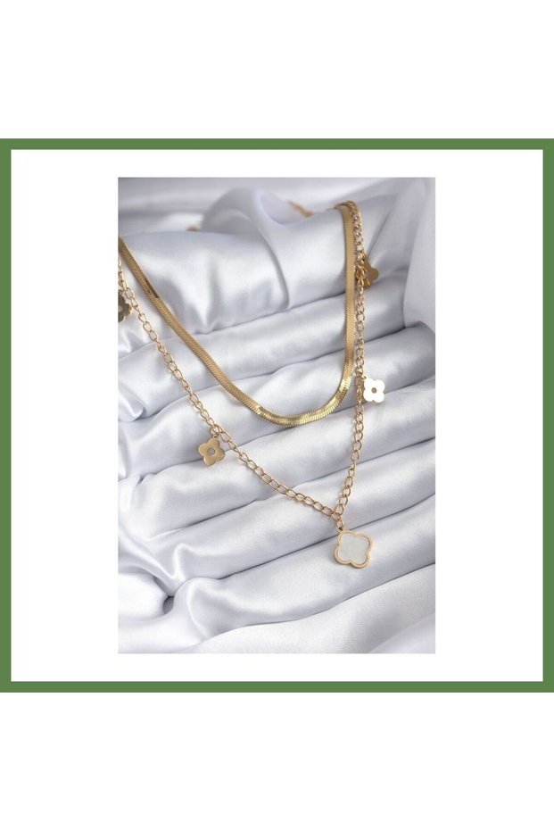316L Steel, Gold-Colored, 2-Strand Italian Chain-Style Necklace with White Clover Pendant for Women, HB006